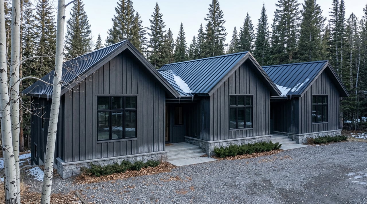 Clustered lodge with three gabled volumes, charcoal siding, black roofs, and aspen trees before a dense conifer forest.
