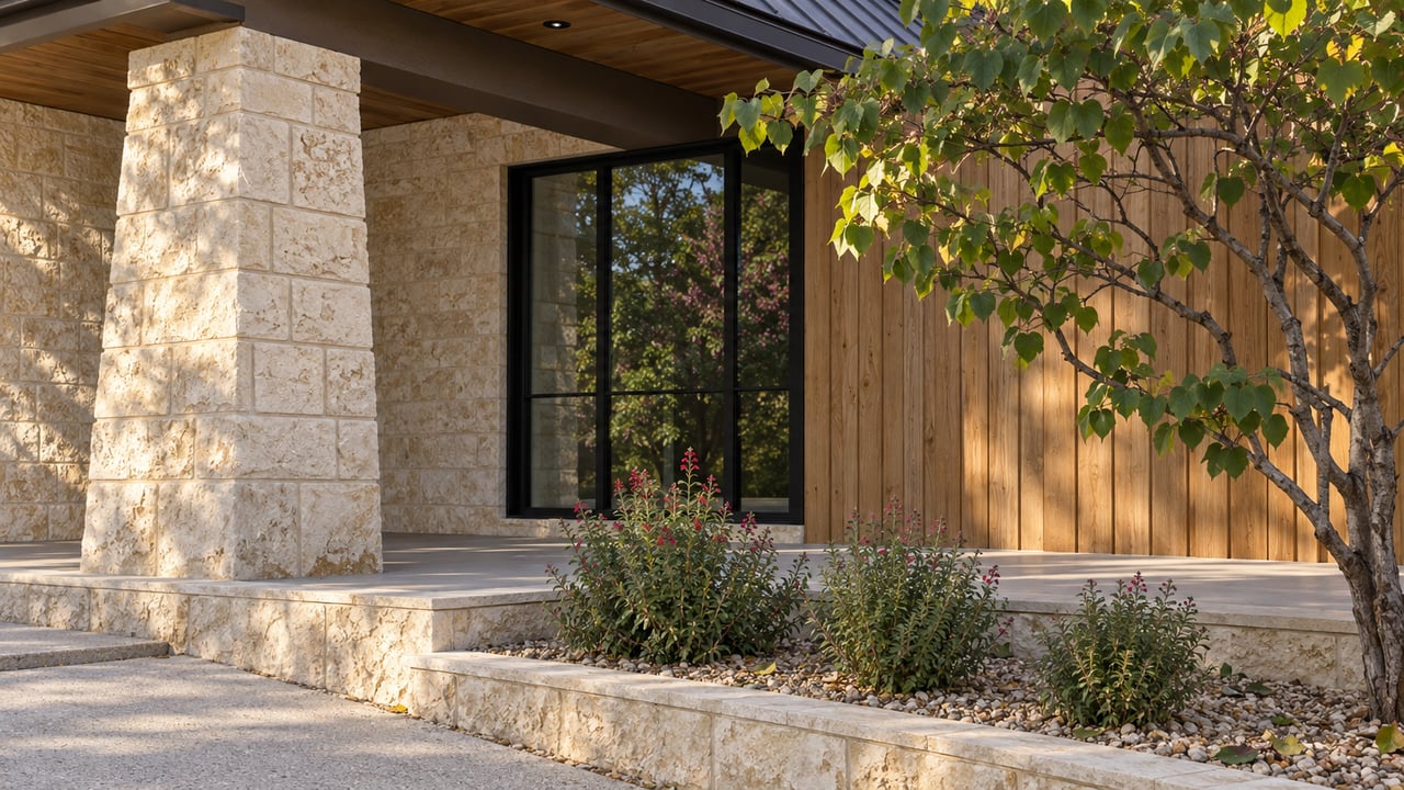 Close view of a limestone porch pier, black-framed window and cedar siding above a concrete step and planted limestone border.