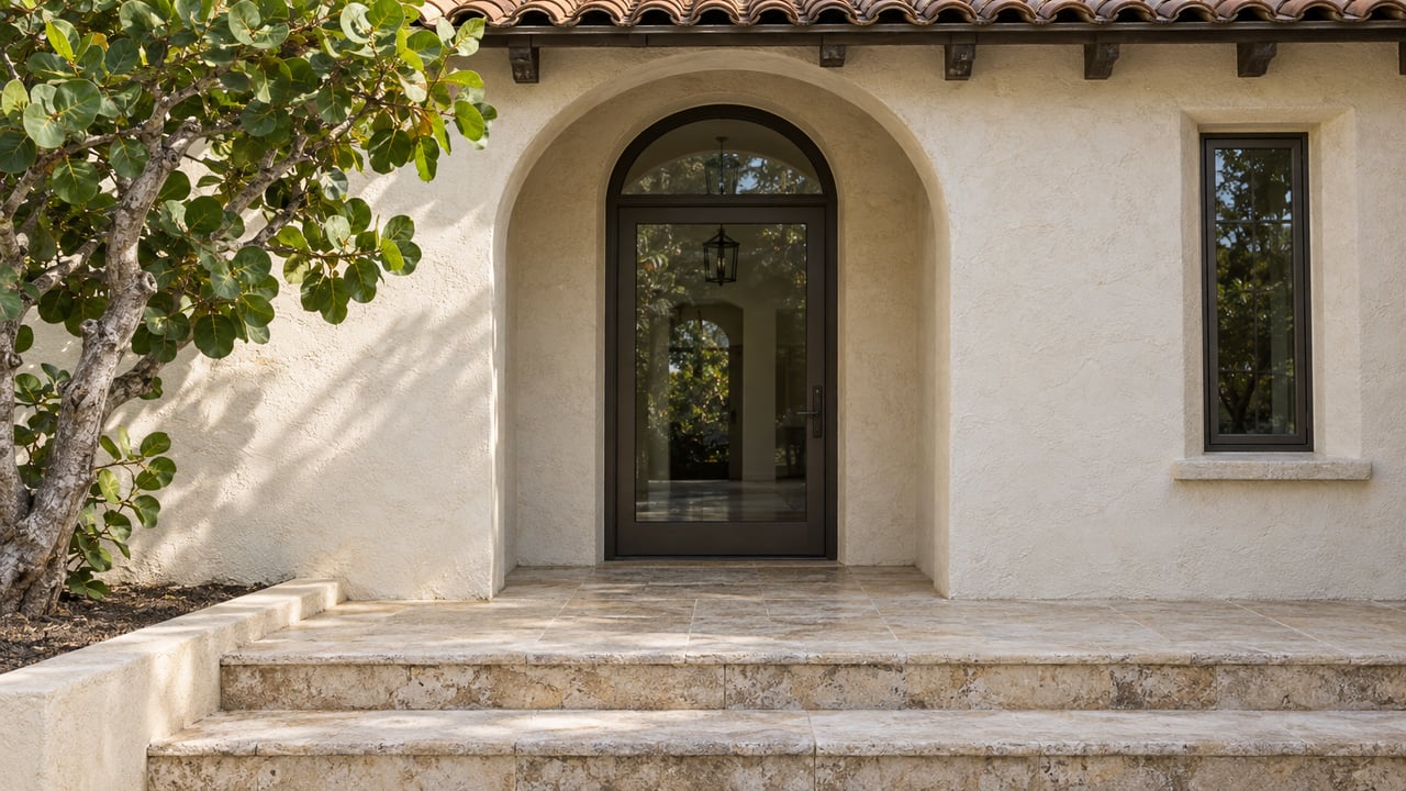 Ivory stucco entrance with a clay tile eave, bronze-framed glazed doorway, worn limestone steps and a sea-grape tree.