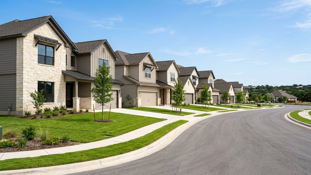 Row of newly finished two-story homes with fresh sod and young trees in a Central Texas subdivision