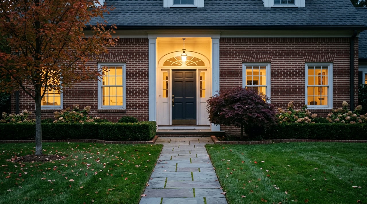 Two-story brick colonial with a navy door, arched fanlight, glowing windows, and maple leaves on the walkway at dusk.
