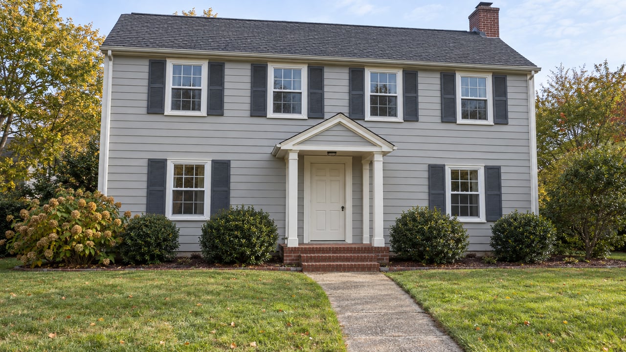 Gray clapboard home with shuttered sash windows, a brick entry, and a broad autumn lawn in morning light.