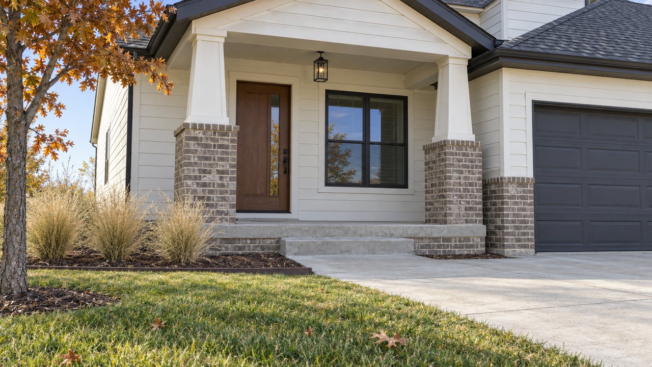 Autumn light on a suburban home's covered entry, off-white siding, gray-brown brick, and concrete approach bordered by lawn and oak foliage.