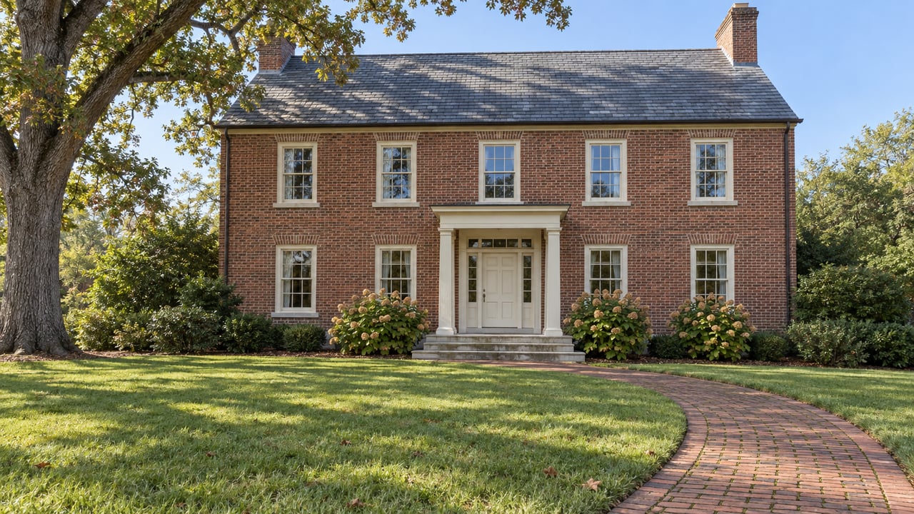 Two-story red-brick house with a slate roof and curved brick walkway across the lawn.
