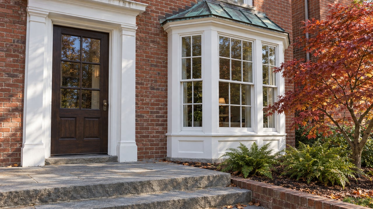 Brick home entry with a dark oak glazed door, white divided-light bay window, bluestone steps and copper-red Japanese maple leaves.