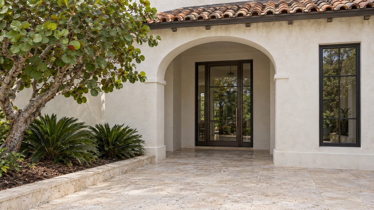 An ivory stucco home entrance with a broad arch, bronze-framed glass door, pale limestone approach and a sculptural sea grape tree.