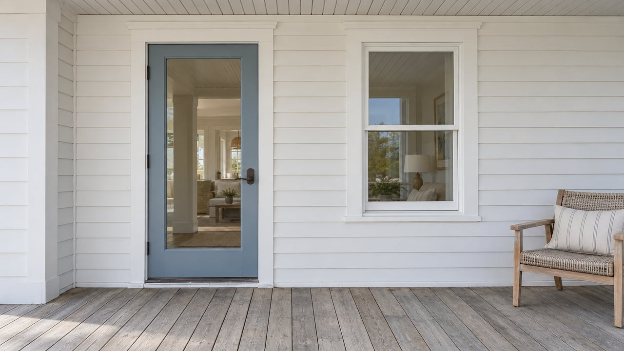 A pale-sided home's covered porch with a blue-gray glazed entry door, white-framed window, weathered hardwood decking, and a teak chair.