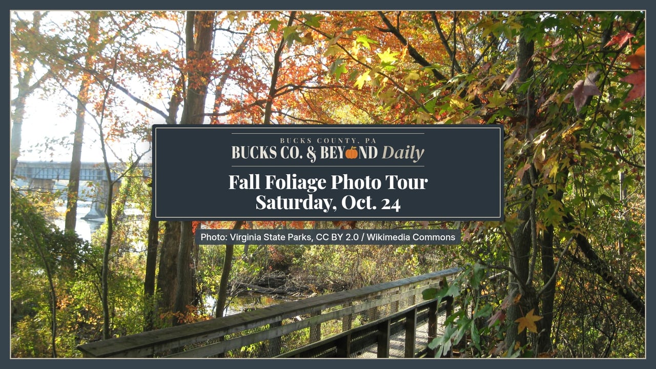 Orange, gold and green fall leaves arch over a wooden boardwalk trail with a river visible through the trees.