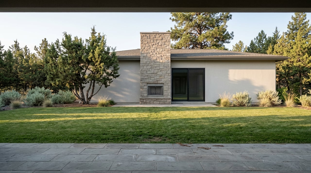 Estate home's stone chimney and stucco facade beyond a broad turf lawn, bordered by native shrubs and pines.