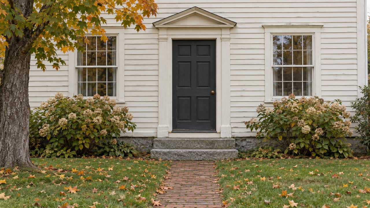 Ivory clapboard house with dark six-panel door, flanking sash windows, granite steps, and autumn leaves.