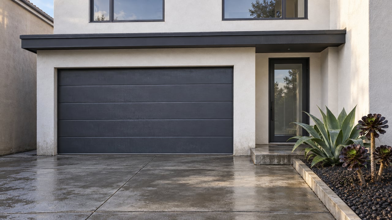Rain-damp concrete driveway leading to a compact white stucco home with a charcoal garage door, recessed glass entry and sculptural succulent planting.