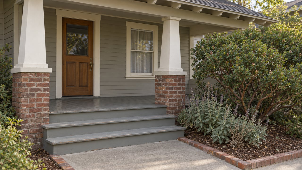 A modest wood-clapboard home with a covered porch, brick column bases, worn painted steps, and a carefully edged native planting bed.