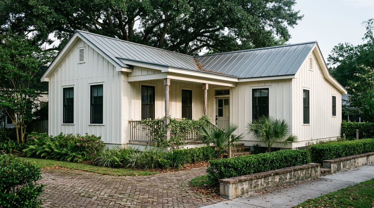 Warm-white coastal cottage with a zinc-gray metal roof, brick paver walk, and live oak canopy
