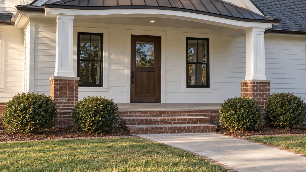 White lap-sided home with a curved charcoal porch roof, paired columns, brick steps and a green front lawn.