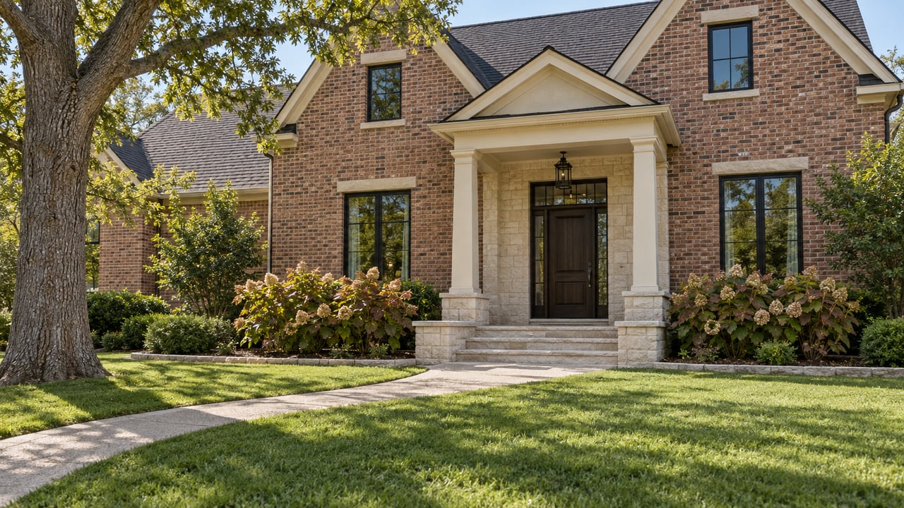 Brick home with limestone porch steps, a curved front walk, broad lawn and oakleaf hydrangeas in early autumn light.