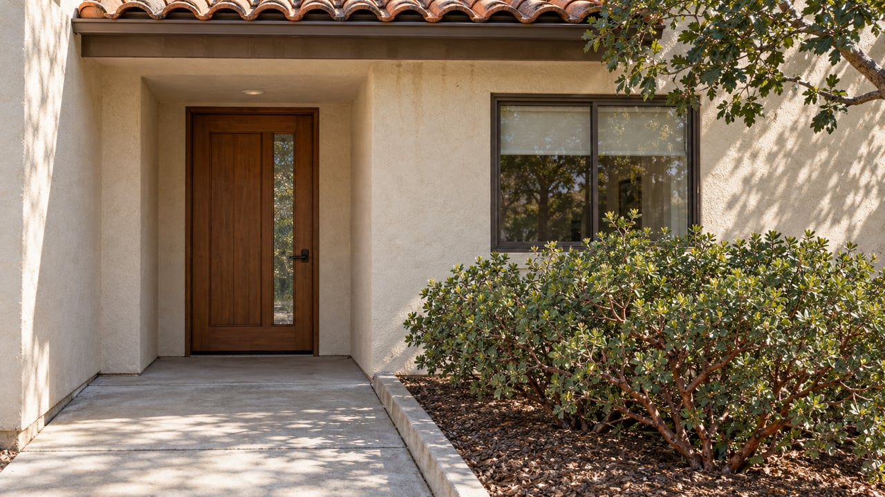 Sunlit stucco home entry with a wood door, warm tile roof, concrete approach and a red-branched manzanita in a raised bed.