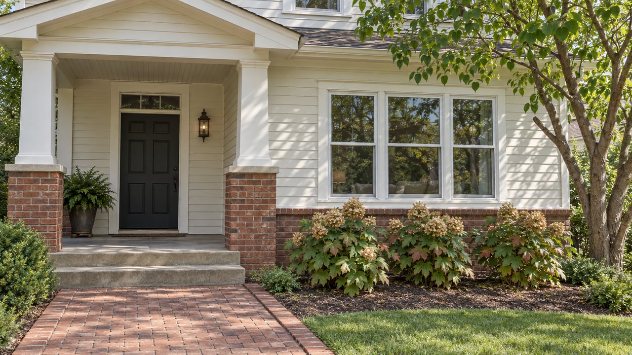 Light-sided home with a sheltered brick entry, broad front window, brick walkway and oakleaf hydrangeas beneath a redbud.
