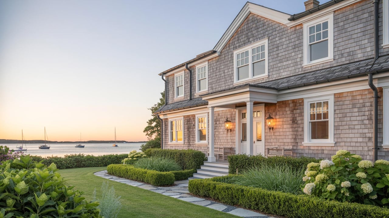 Shingle-sided waterfront house with lit windows, garden path, hydrangeas, and sailboats across the water.