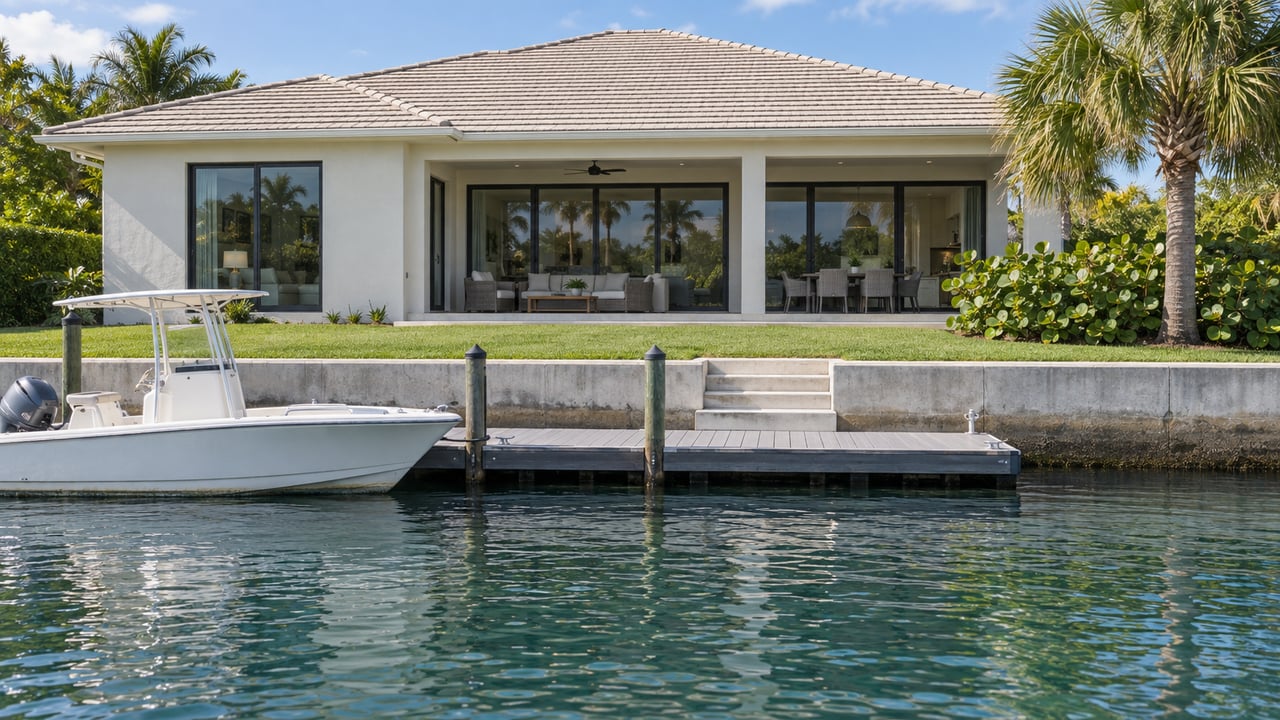 Waterfront stucco house with a tiled hip roof, floating dock, and small white boat beside a blue-green basin.