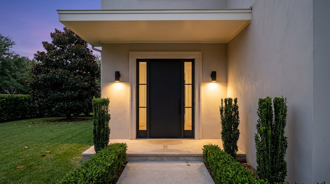 Charcoal front door with glass sidelights, flanked by glowing black sconces and columnar shrubs at dusk.