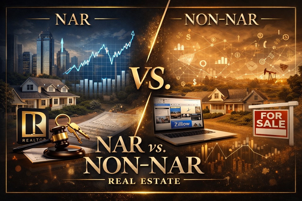 Comparison infographic showing NAR and Non-NAR real estate agents, highlighting differences in MLS access, compensation structures, and marketing approaches with a market trends background.