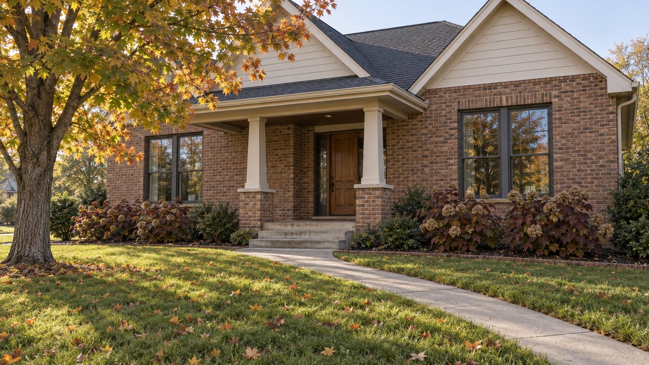 An established brick-and-siding home with a covered porch, generous autumn lawn and amber sugar maple.