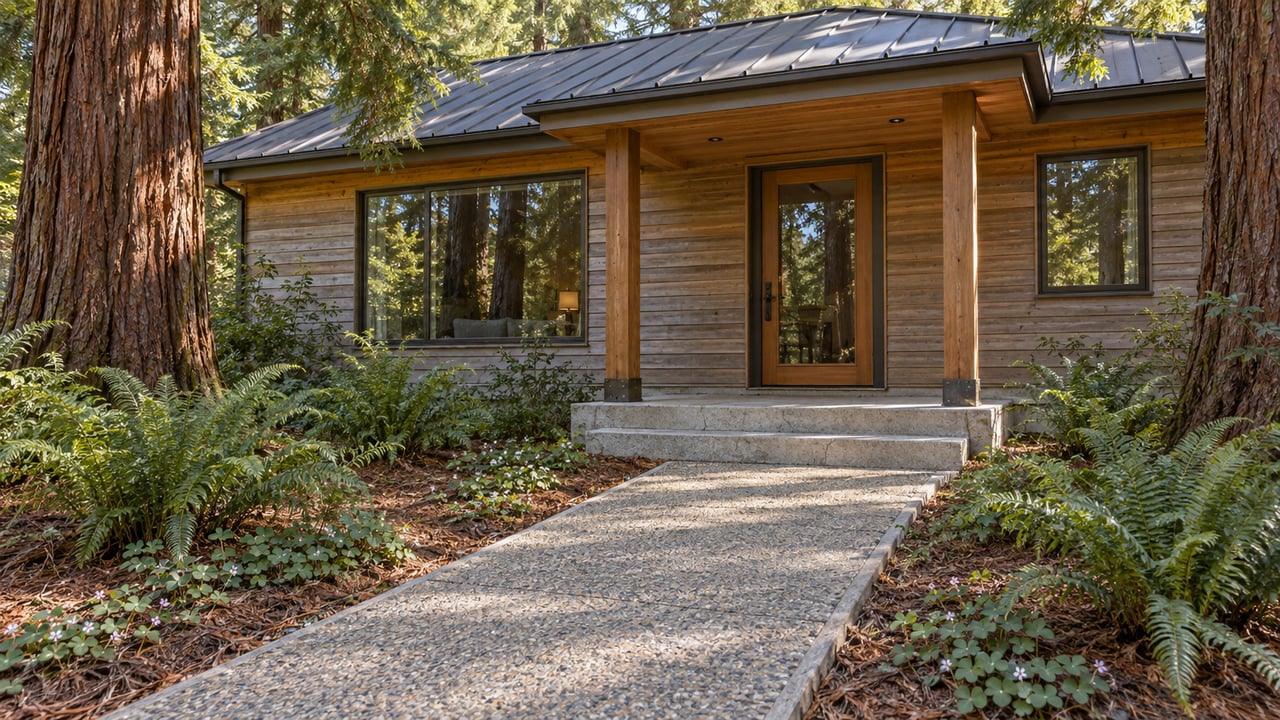 Cedar-clad cottage with a glazed entry, concrete garden approach, mature redwoods and sword ferns.
