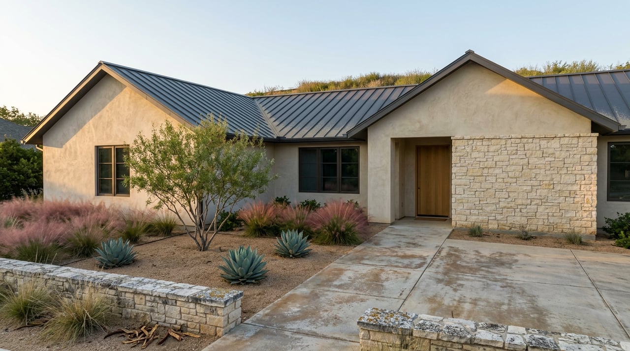Stucco home with charcoal gable roof, limestone walls, desert willow, and agaves in xeriscaped yard.