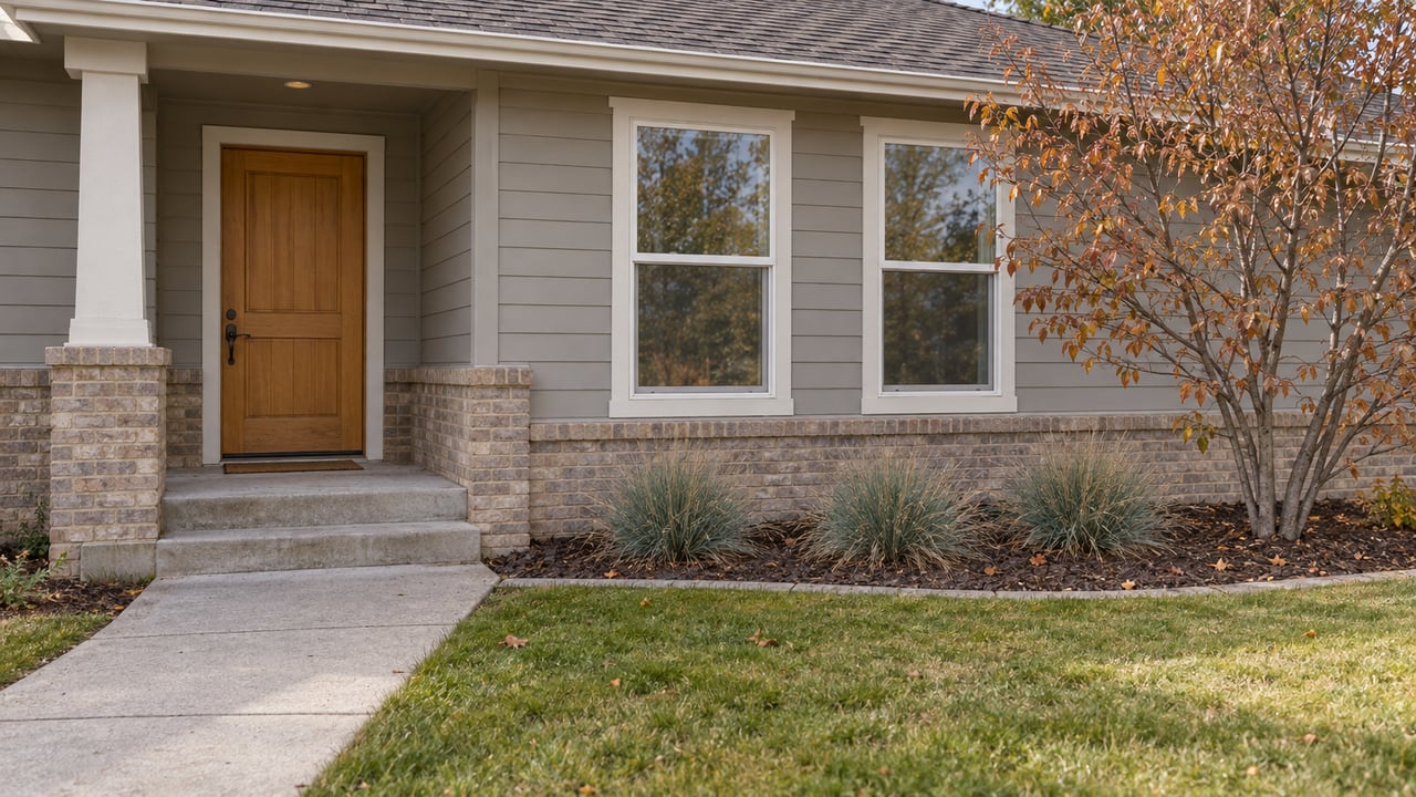 A covered front entry with a wood door, gray siding and buff brick beside an autumn serviceberry and a concrete walk.