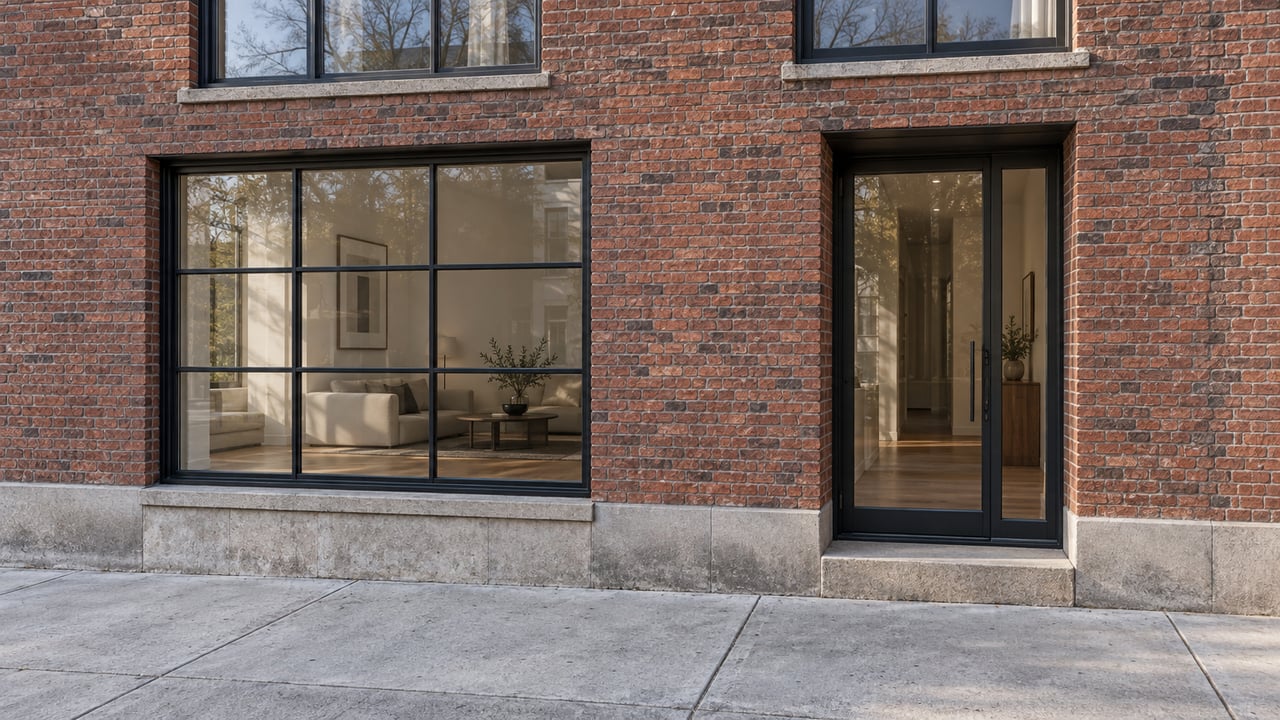 Rust-red brick residential facade with black steel windows, recessed glass entry, and stone sidewalk plinth.