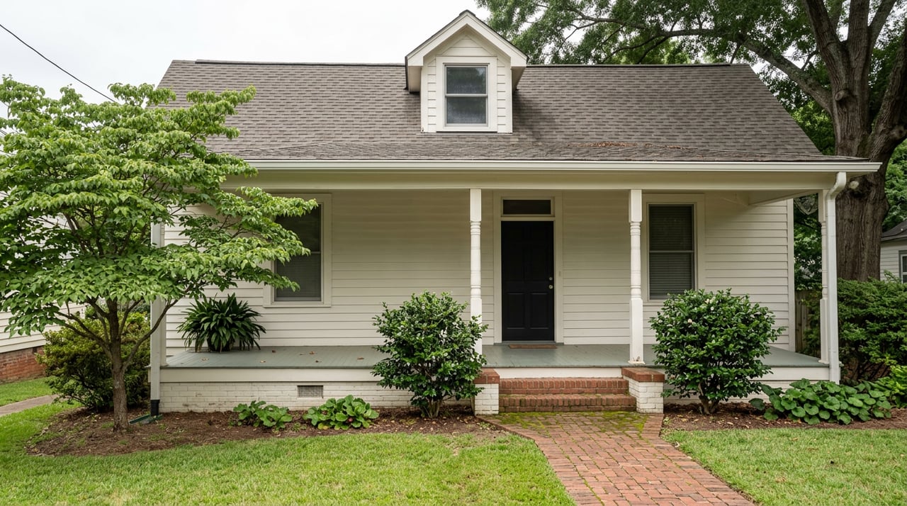 A warm-white cottage with a covered porch, black door, centered dormer, and brick walkway beneath a dogwood canopy.