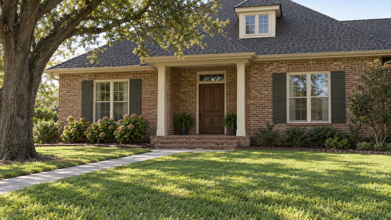 Morning light on a traditional brick home with a deep green lawn, raised porch, olive shutters and an oak at the edge of the yard.
