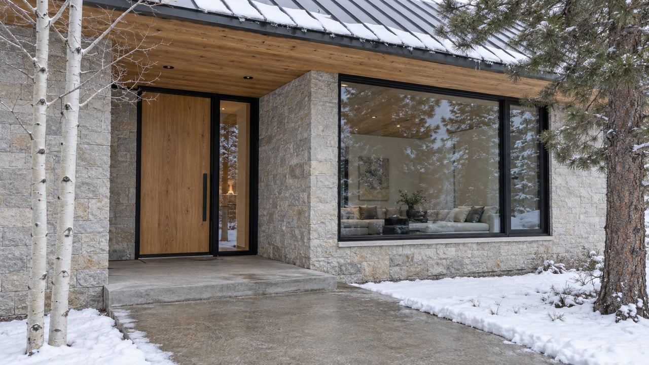 Snow-edged concrete approach to a contemporary home's sheltered timber entrance, pale stone walls and black-framed living-room window.