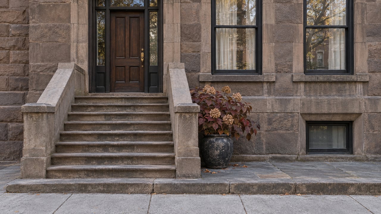 Weathered sandstone residential entrance with broad stone steps, tall sash windows and a single oakleaf hydrangea in autumn color.
