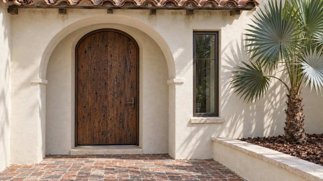 Weathered ivory stucco arch surrounding a closed pecky-cypress door, with brick paving and a silver thatch palm in a raised masonry bed.