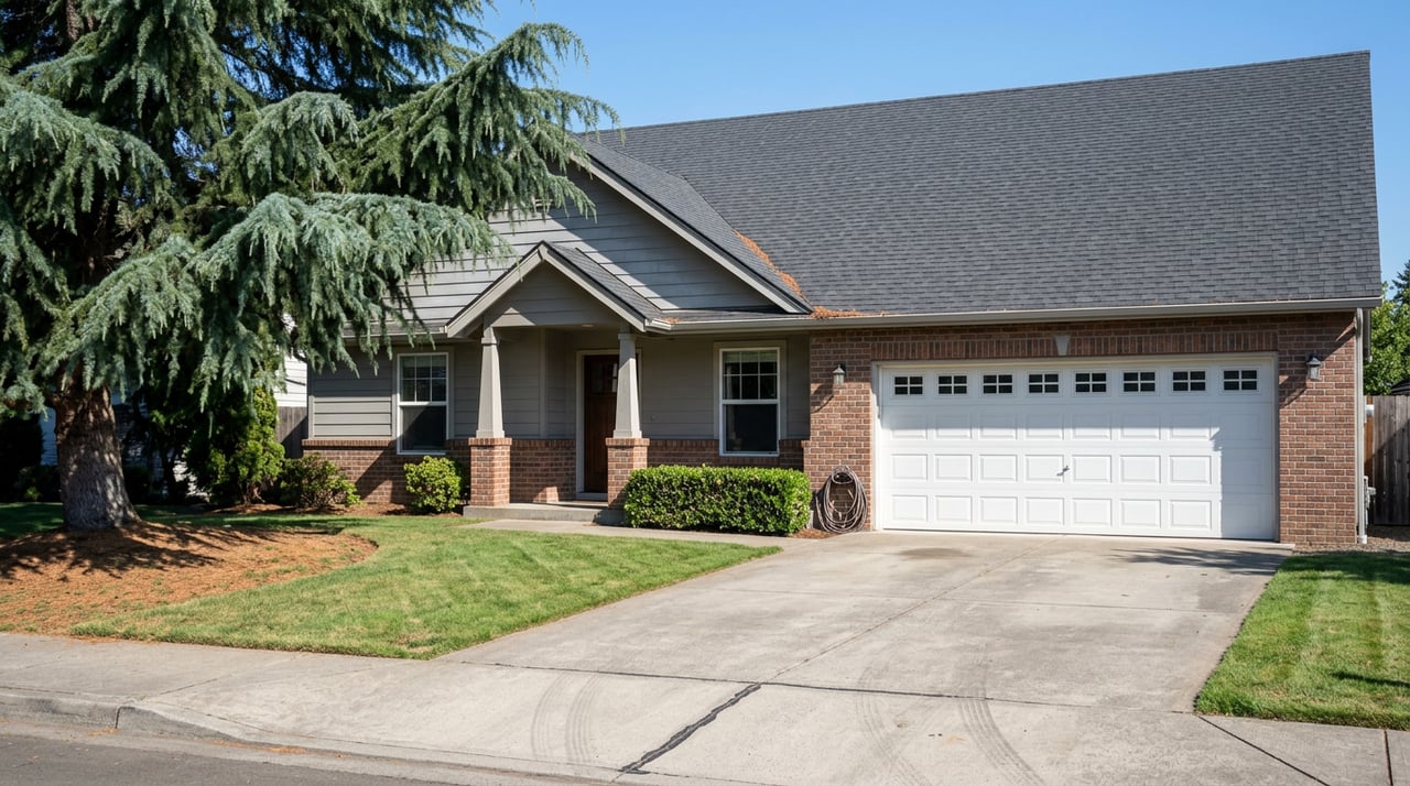 Suburban home with a two-car garage, gray siding, brick facade, and a blue-green cedar shading the lawn.