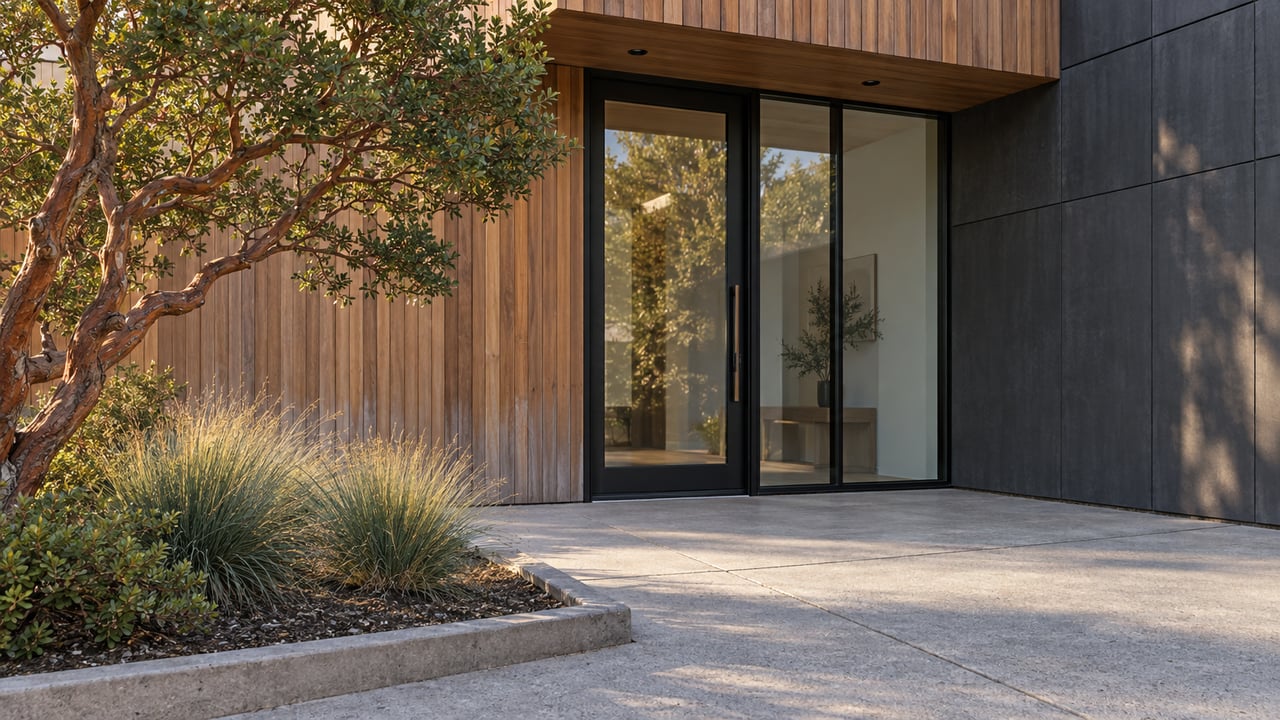 Closed glazed entry framed by weathered cedar, with twisting reddish manzanita and grass clumps in a raised bed.