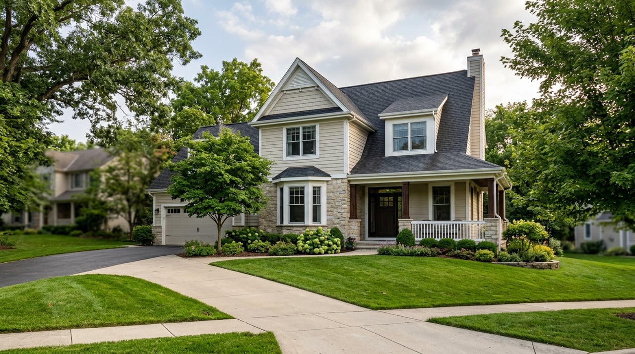Two-story suburban house with a deep front lawn, covered entry, stone-clad column, and attached two-car garage.