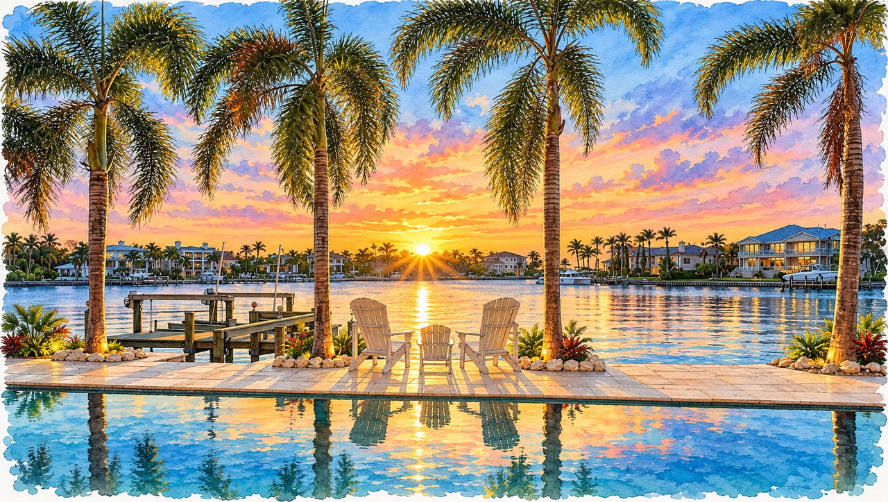 Waterfront homes across a pool, framed by palm trees beneath a vivid sunset.