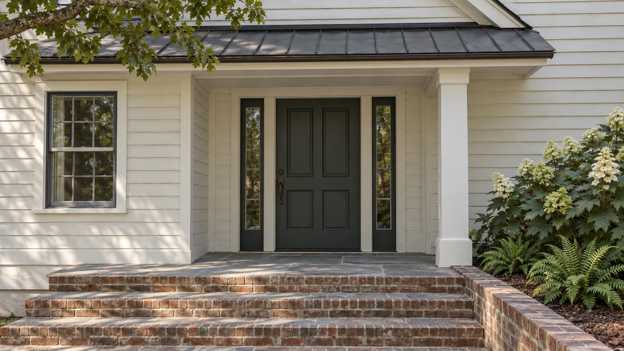 Off-white clapboard entry with a closed paneled door, brick steps, and oak and hydrangea foliage.