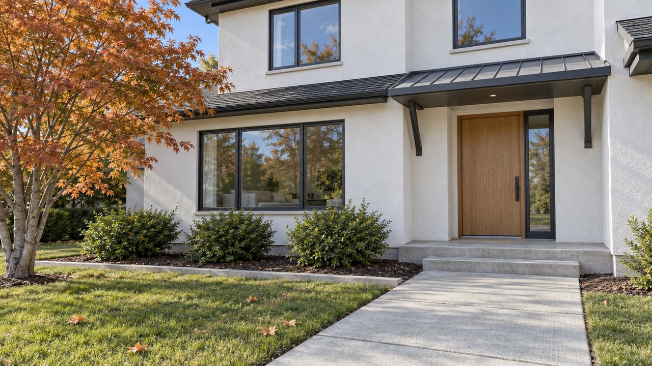 Autumn maple beside an updated stucco home with charcoal-framed windows, an oak entry door, and a concrete front walk.