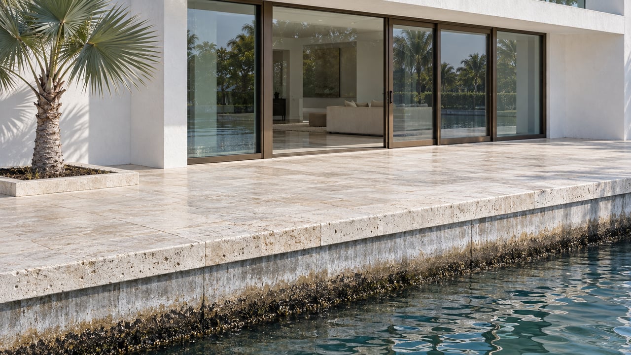 White stucco waterfront home with bronze-framed glass, a limestone terrace, a silver thatch palm, and a seawall above blue-green water.