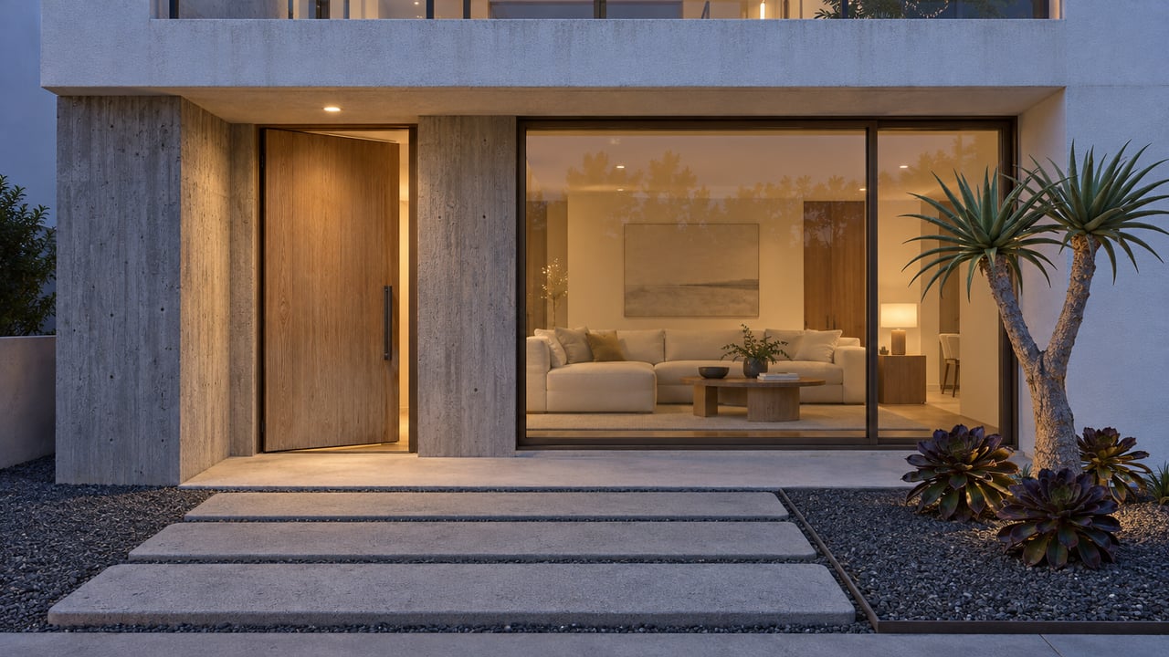 Contemporary white-stucco home at twilight, with an oak entry, warm enclosed living room, concrete approach slabs and a sculptural branching aloe.