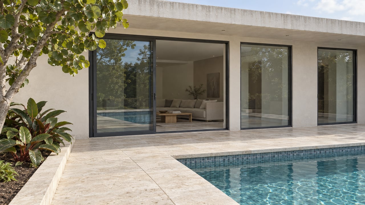 Contemporary villa terrace with pale stone paving, a blue-gray tiled pool, shaded glazing and a sculptural sea grape tree.