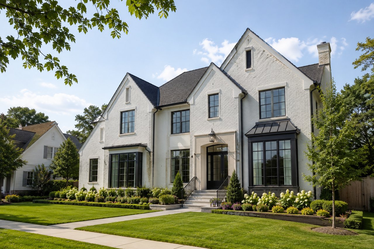 Modern farmhouse with lush landscaping
