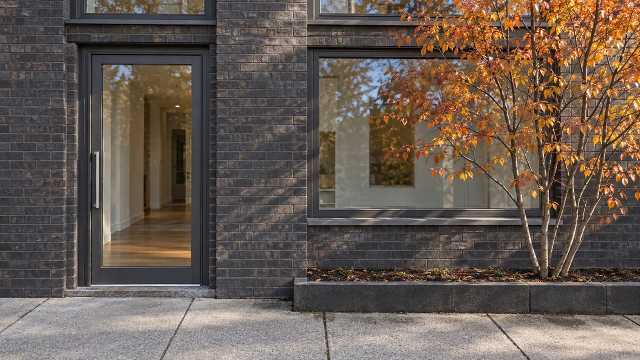 Close view of a charcoal-brick condominium entrance with graphite window frames, a concrete sidewalk, and a copper-leaved serviceberry in a stone-edged bed.