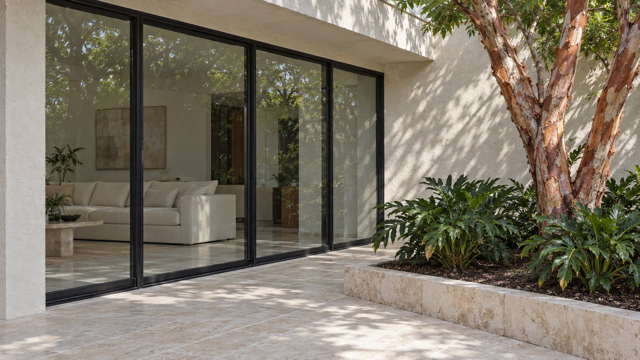 Cream-stucco home with black-framed glass doors, pale limestone terrace, and a copper-barked specimen tree beside tropical foliage.