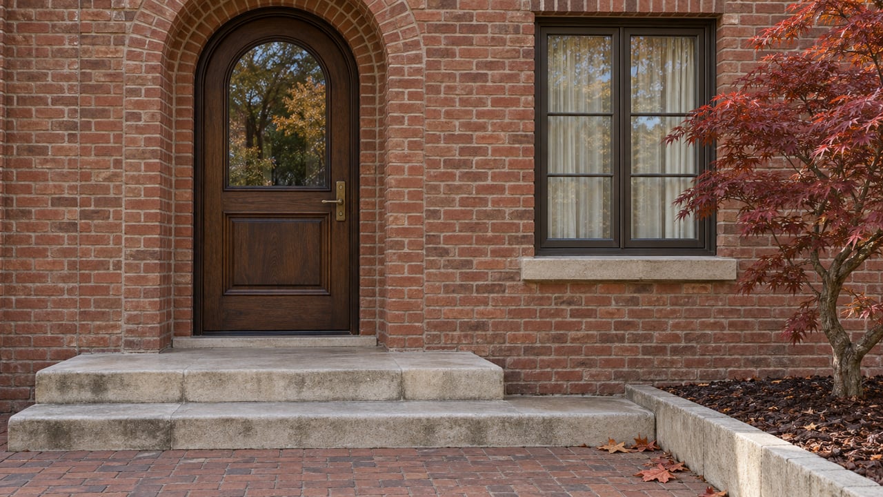 Arched oak entrance in weathered red-brown brick, limestone steps, and a rust-red Japanese maple beside a dark-framed window.