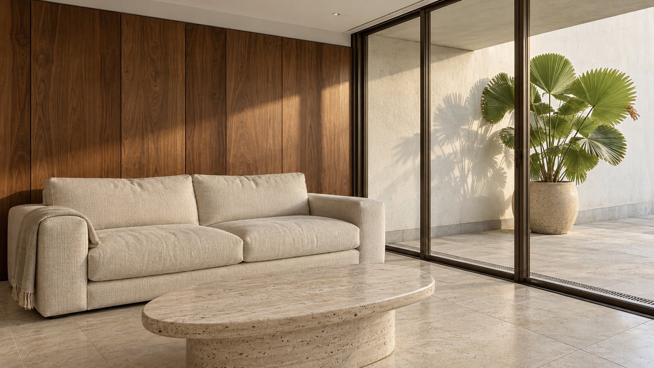 Light-filled living-room corner with walnut walls, an ivory sofa, a travertine table and a pleated-leaf palm beyond closed terrace glazing.