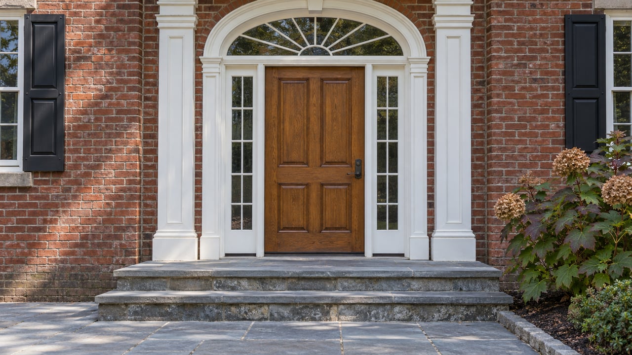 Red brick entry with a stained oak door, matching glazed sidelights, white classical trim and weathered bluestone steps beside an oakleaf hydrangea.
